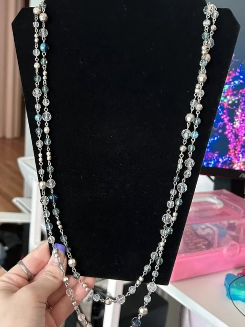 Premier Designs 60" Long Faceted Blue, Clear & Silver Beaded Wrap Necklace